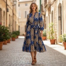 The Roots Blue Striped Tiger Print Cotton Tiered Midi Dress Small Made in USA