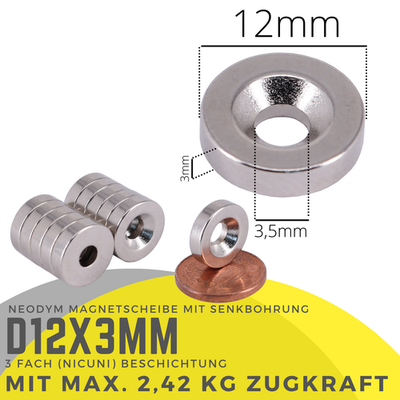 5 Neodym-Magnete Mit Bohrung - 20 Mm Durchmesser, 7 Mm Dicke, 13 Kg Haftkraft, Senkbohrung 4,5 Mm