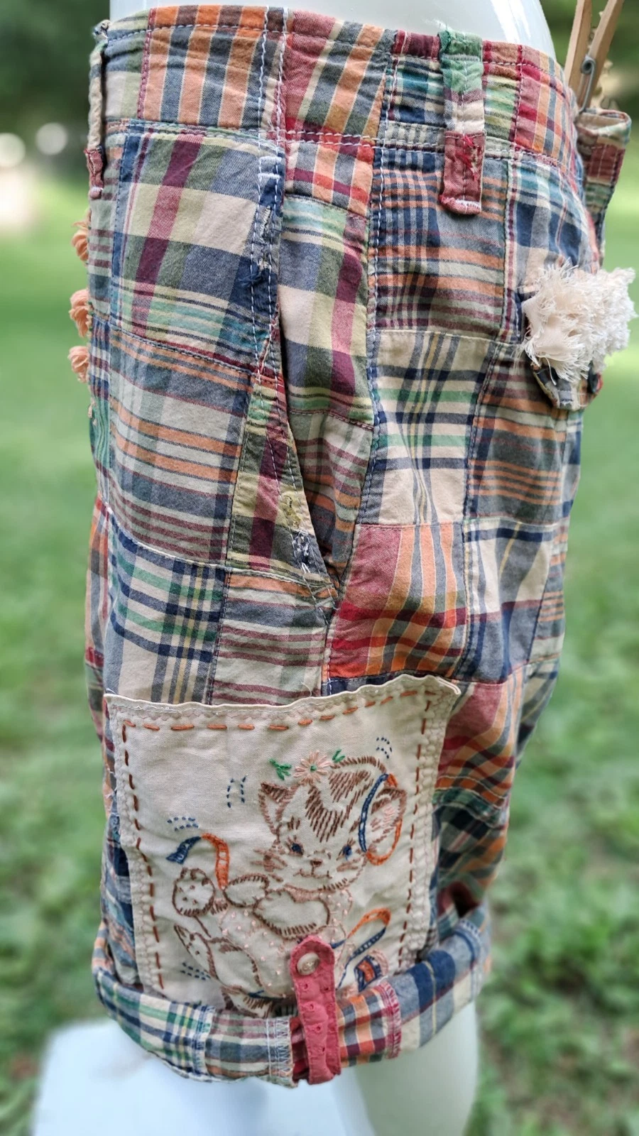 OOAK Upcycled Patchwork Miner Shorts Embroidery Plus Size 38 Adjustable