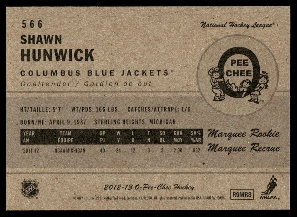 2012-13 O-Pee-Chee Retro MARQUEE ROOKIE Shawn Hunwick Columbus Blue Jackets #566 - Image 2 of 2