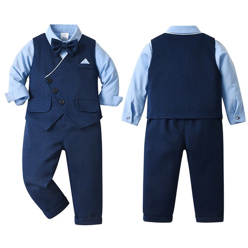 Baby Boys Gentleman Suit Long Sleeve Lapel Button Closure Bowknot Decorated Tops - Picture 4 of 33