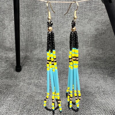 Tribal Hand Crafted Beaded Dangle Earrings Native Yurok Yellow Turquoise 4.25 