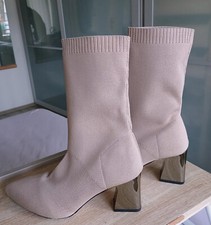 Damen Stiefel Socken Stiefletten Stretch Spiegel Absatz Beige Gr. 37 wie neu 