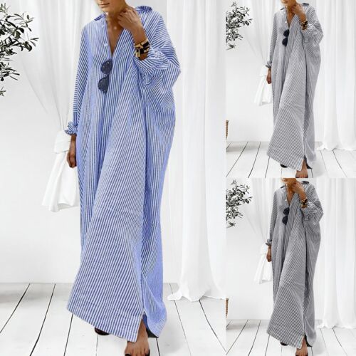 Women Stripe Dress Cotton And Linen Shirt Dress Casual Loose Maxi Dresses - Afbeelding 1 van 25