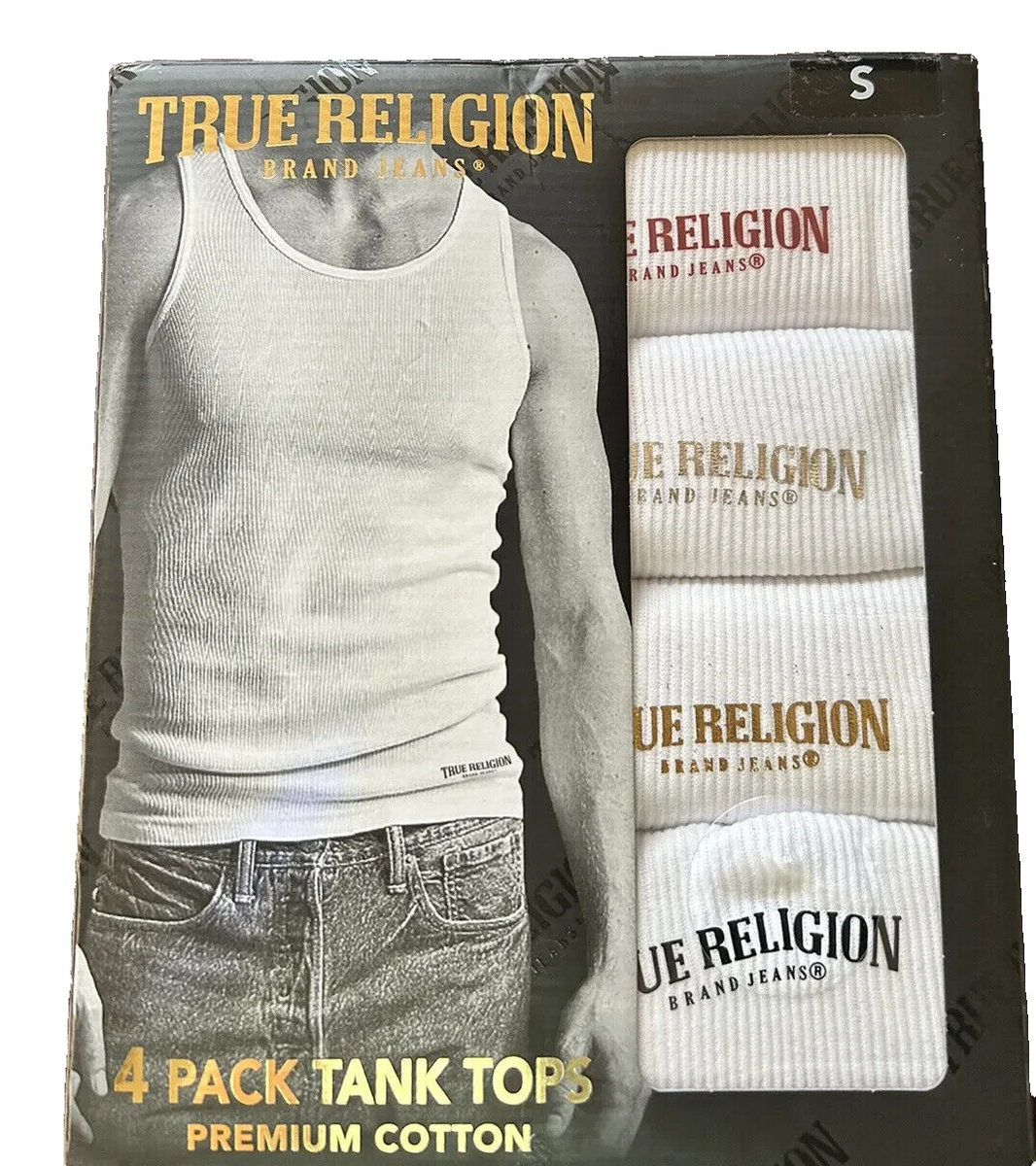 True Religion Men's 4 Pack Ribbed Tank Tops White with Logo NEW IN