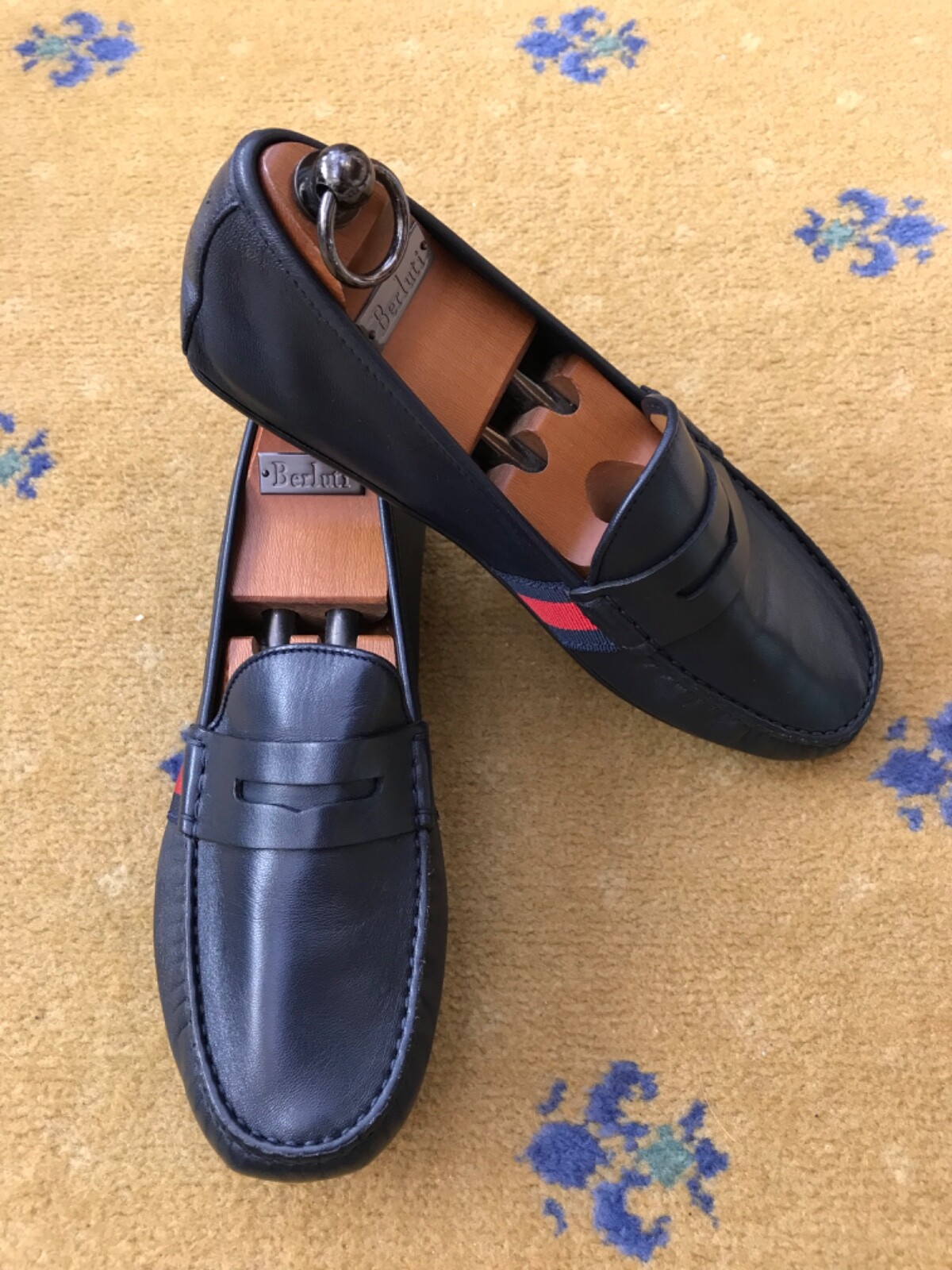 Gucci Loafers Shoes Drivers Blue Leather Mens UK 5.5 US 6.5 EU 39.5 Web Red thumbnail 4