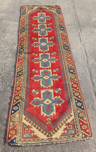 Vintage Hand Made Traditional Rug Oriental Wool Multicolor Carpet 255x85 cm