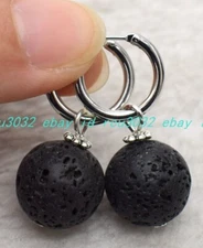 Beautiful Charming 12mm Black Lava Rock Round Beads Gemstone Dangle Earrings
