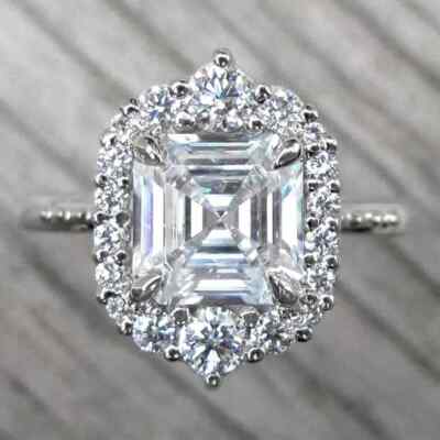 Moissanite Floral Engagement Ring Solid 14K White Gold Asscher Cut 3 Carat VVS1