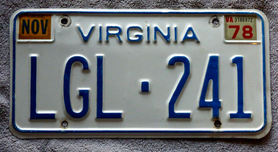 Vintage Virginia License Plate LGL 241 auto car metal man cave art