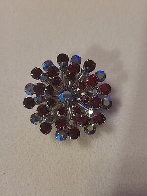 Red Rhinestone and Smokey Arora Borialis Rhinestone Brooch