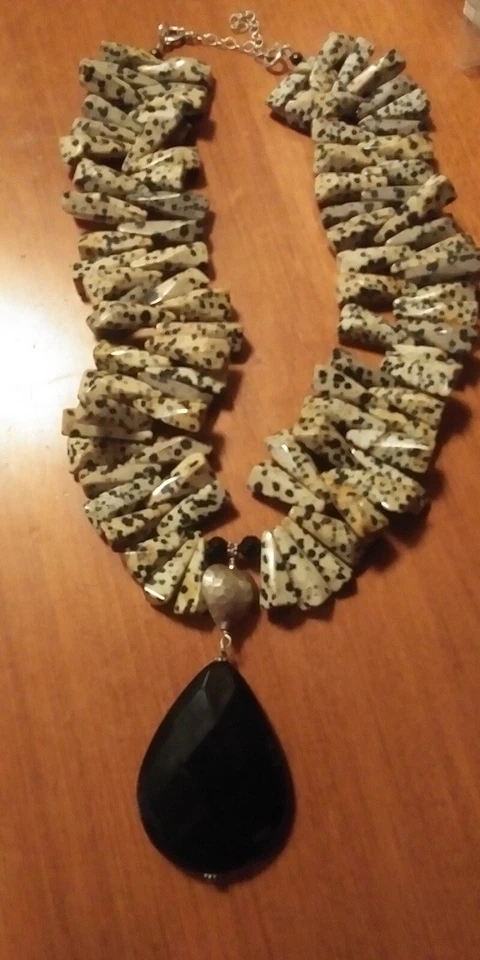 Conjunto de collar de piedra de jaspe dálmata, colgante de ónix, pulsera, pendientes Foto 2 de 4