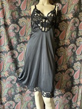 Vintage Lorraine Lacy Black Nylon Empire Slip Nighty Lingerie 34 Tall