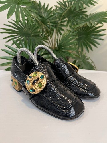 PRADA UNIQUE BLACK SUEDE EMERALD GREEN JEWELED HEEL LOAFERS EU 35 || US 4.5