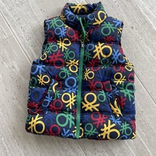 VINTAGE Benetton All-Over Logo Puffer Vest Kids 4T 5T Colorful Full Zip Quilted