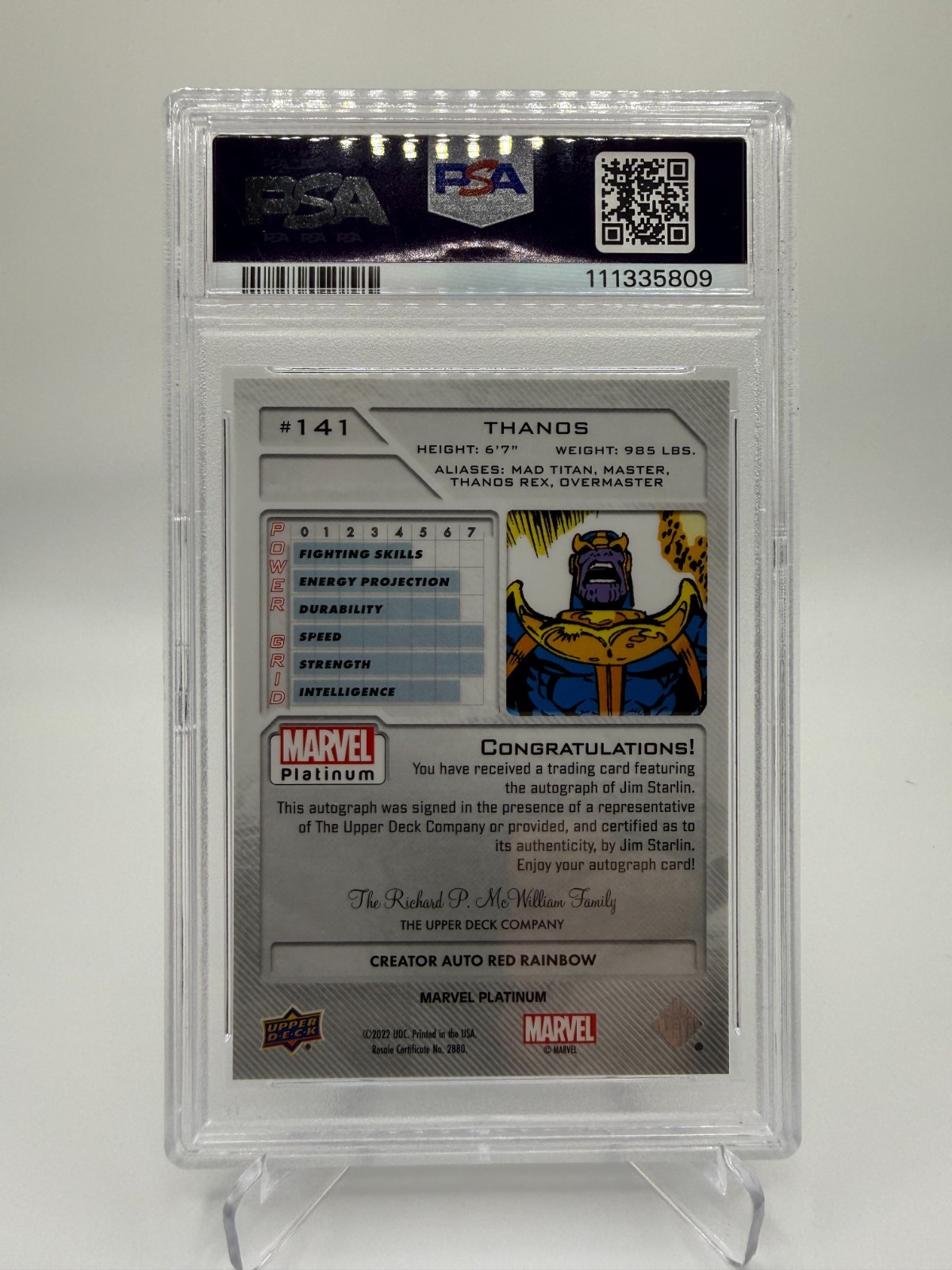 2023 Marvel Platinum Red Rainbow Artist Thanos by Jim Starlin PSA 10 Auto 0b3o view 2