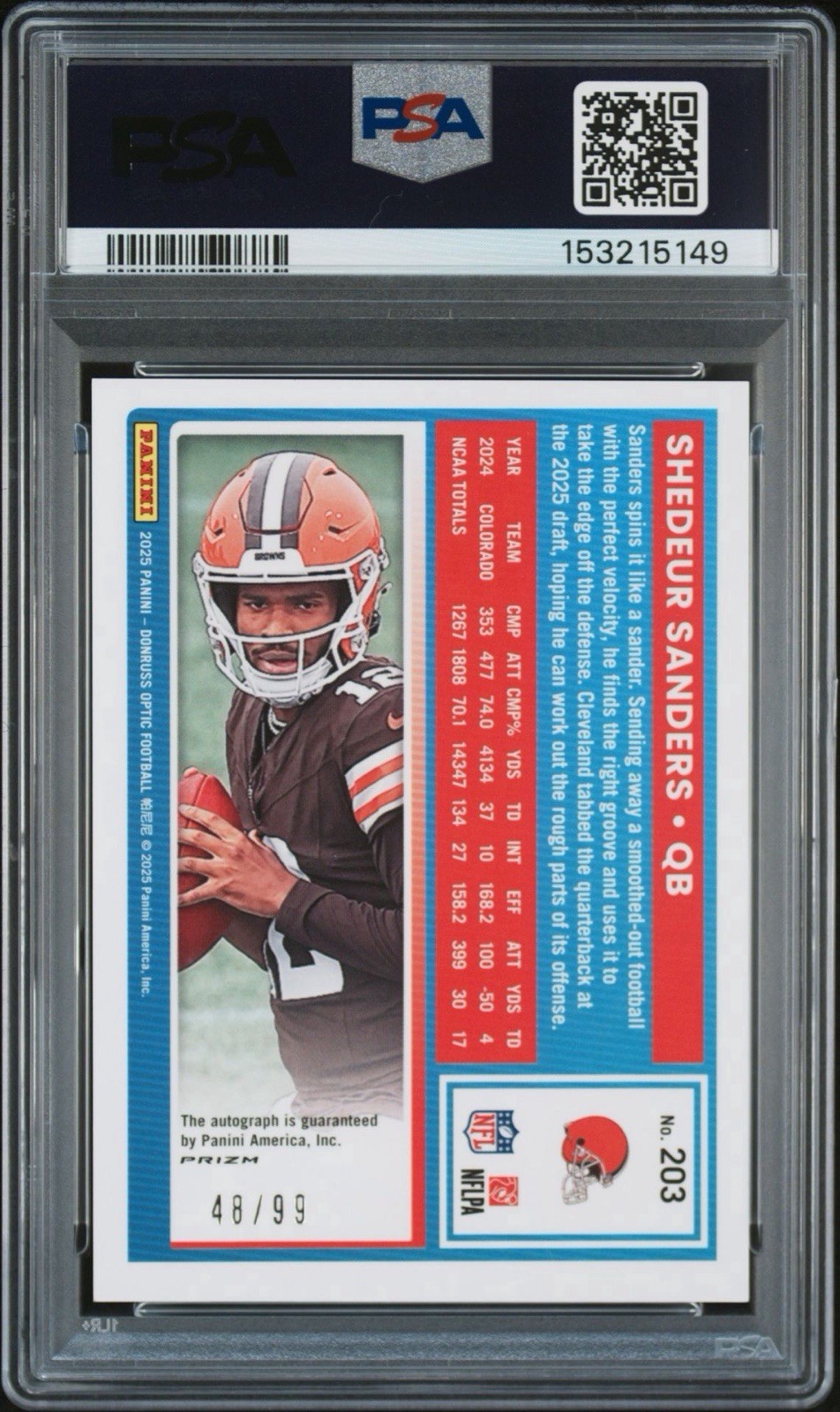 2025 Donruss Optic Shedeur Sanders Rated Rookie Auto Red /99 -Browns PSA 10 view 2