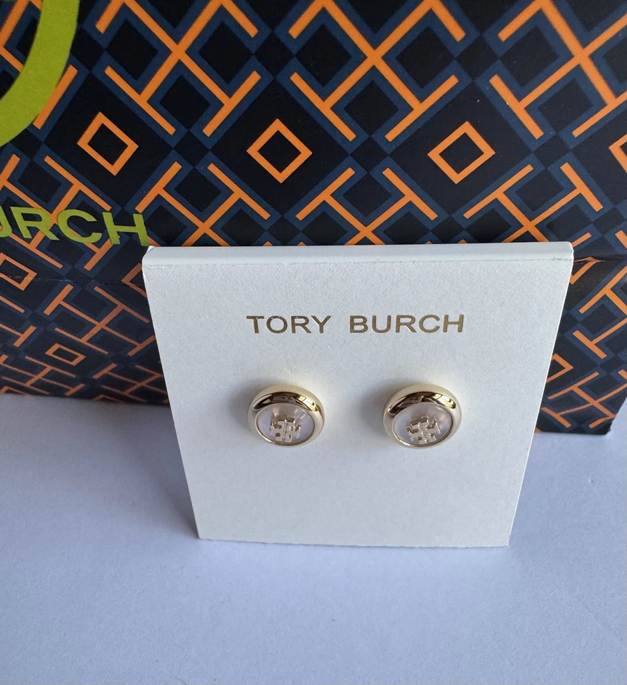Tory Burch 18K Gold Plated Mother of Pear Stud Earrings 164666 MUST SEE - Image 2 of 4