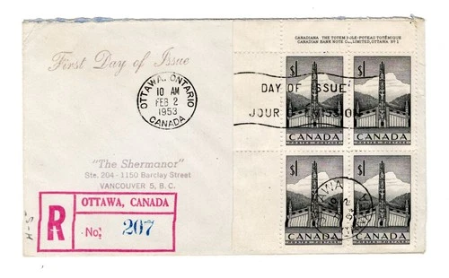 R666 Canada FDC - 1953 Totem $1.00 High-Value - Plate Block Registered FDC Cover