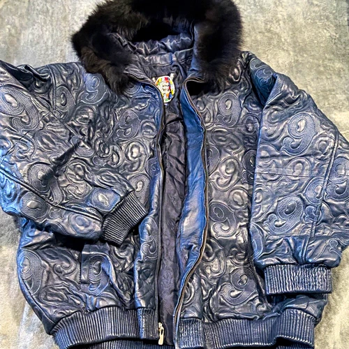Gino Green Global Mens Blue Leather Quilted Hooded Bomber Jacket 2XL/3XL - product listing photo
