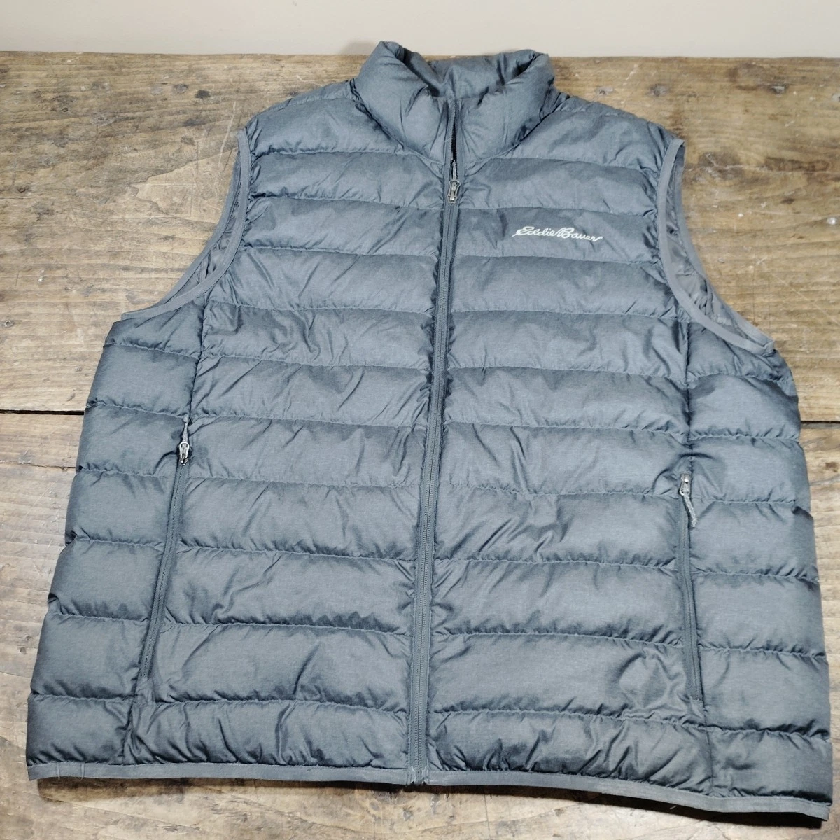 Eddie Bauer Vest Mens XL Charcoal Gray Puffer Down Feathers Front Zip Pockets