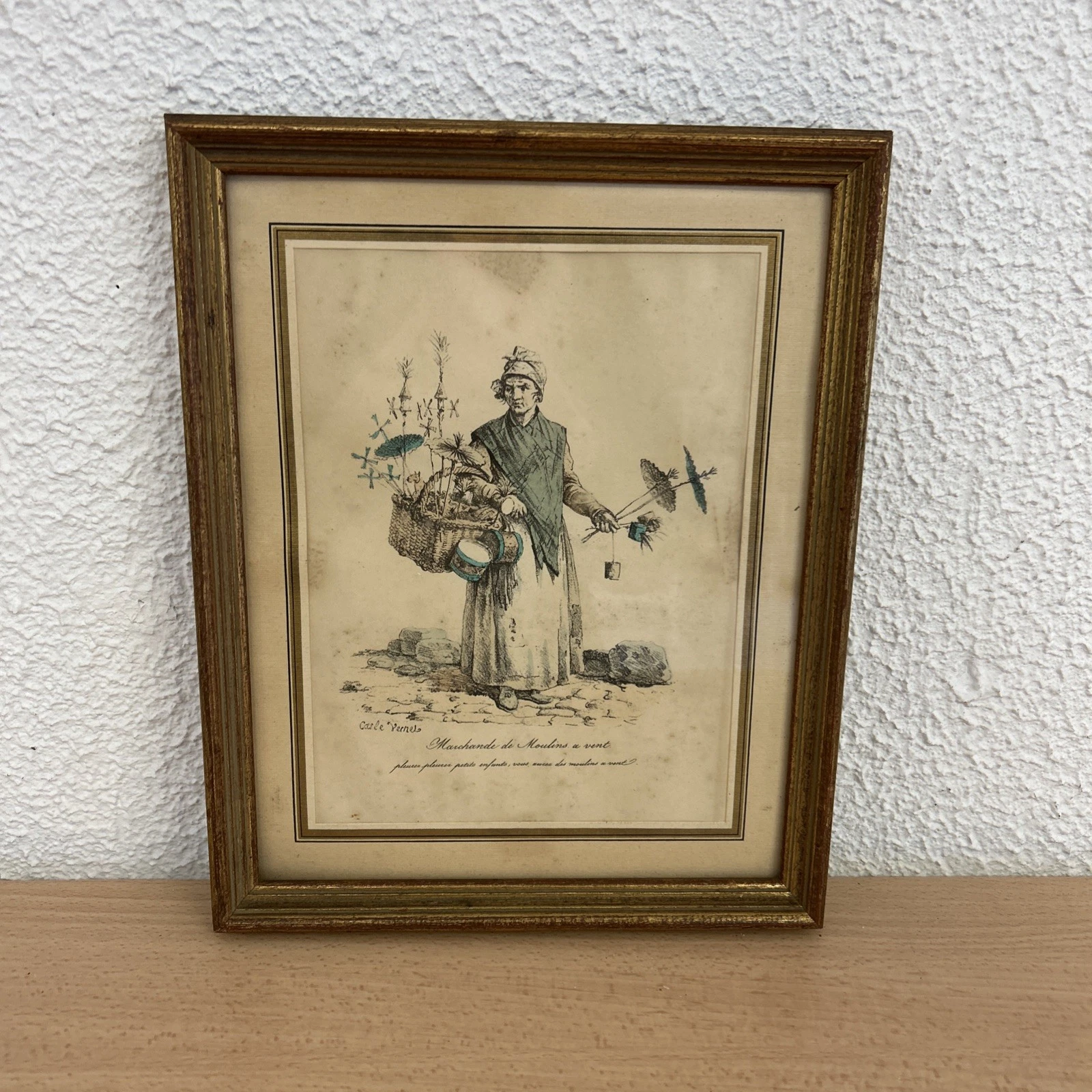Tableau Encadré Gravure Femme Marchande De Moulins A Vent Signé Carle Yerne