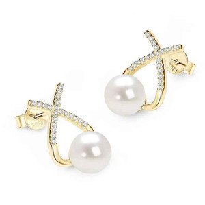 Authentic Elegant 14K Gold Plated Natural Freshwater Pearl Stud Earrings 925 Silver Womens