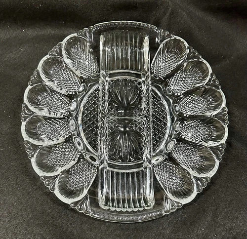 Vintage 11" L E Smith Heritage Clear Glass Deviled Egg Relish Plate Dish HEAVY