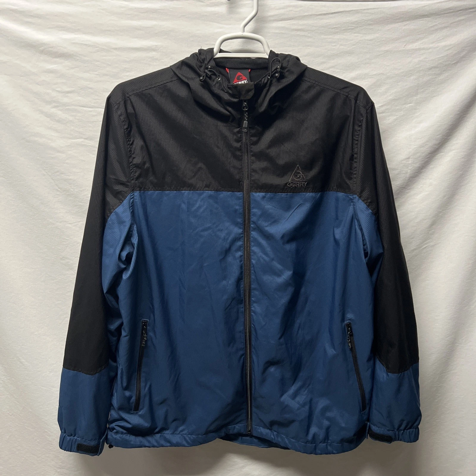 Gerry Blue And Black Windbreaker Zipper Jacket With Pull string Hood Size XXL
