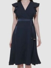 Tommy Hilfiger Women Blue Ruffle Sleeve V-Neck Tie Waist Fit & Flare Dress Sz 8
