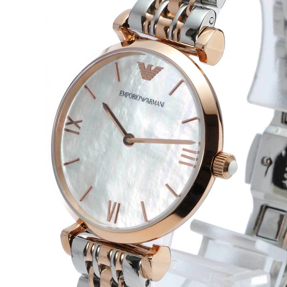 NEW EMPORIO ARMANI AR1683 MOTHER OF PEARL SILVER/ROSE GOLD TWO-TONE WOMENS WATCH - image 3 of 4