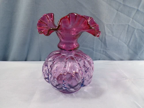 Fenton Mulberry Glass Beaded Melon Vase 5 5/8" Tall