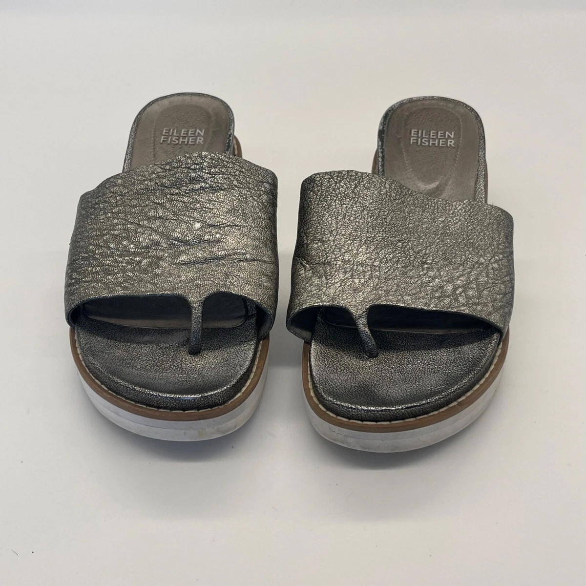 EILEEN FISHER Womens Touch Silver Metallic Leather Platform Sandal