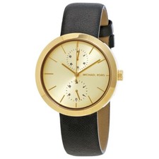 NEW MICHAEL KORS GARNER GOLD TONE,BLACK LEATHER BAND,MULTI-FUNCTION WATCH MK2574
