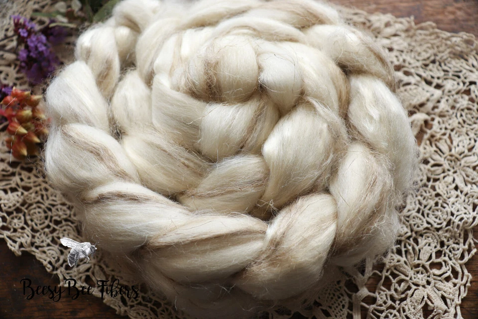 Merino Wool Roving, Tussah Silk, Flax Undyed Combed Top Blend Wool - 4 oz - Image 4 of 4