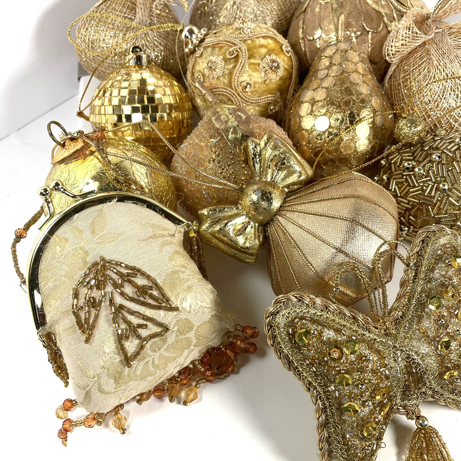 14 Gold Christmas Tree Ornaments Flocked Beaded Sequined Sugared