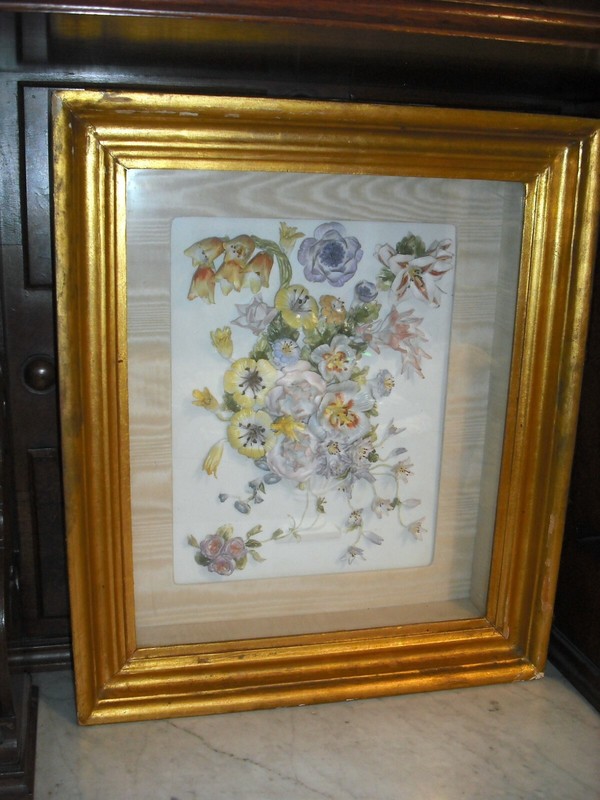 Antique Victorian porcelain floral plaque, framed