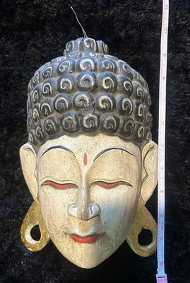 Handcrafted Painted Wood Buddha Wall Mask Decorative Art, 11in
