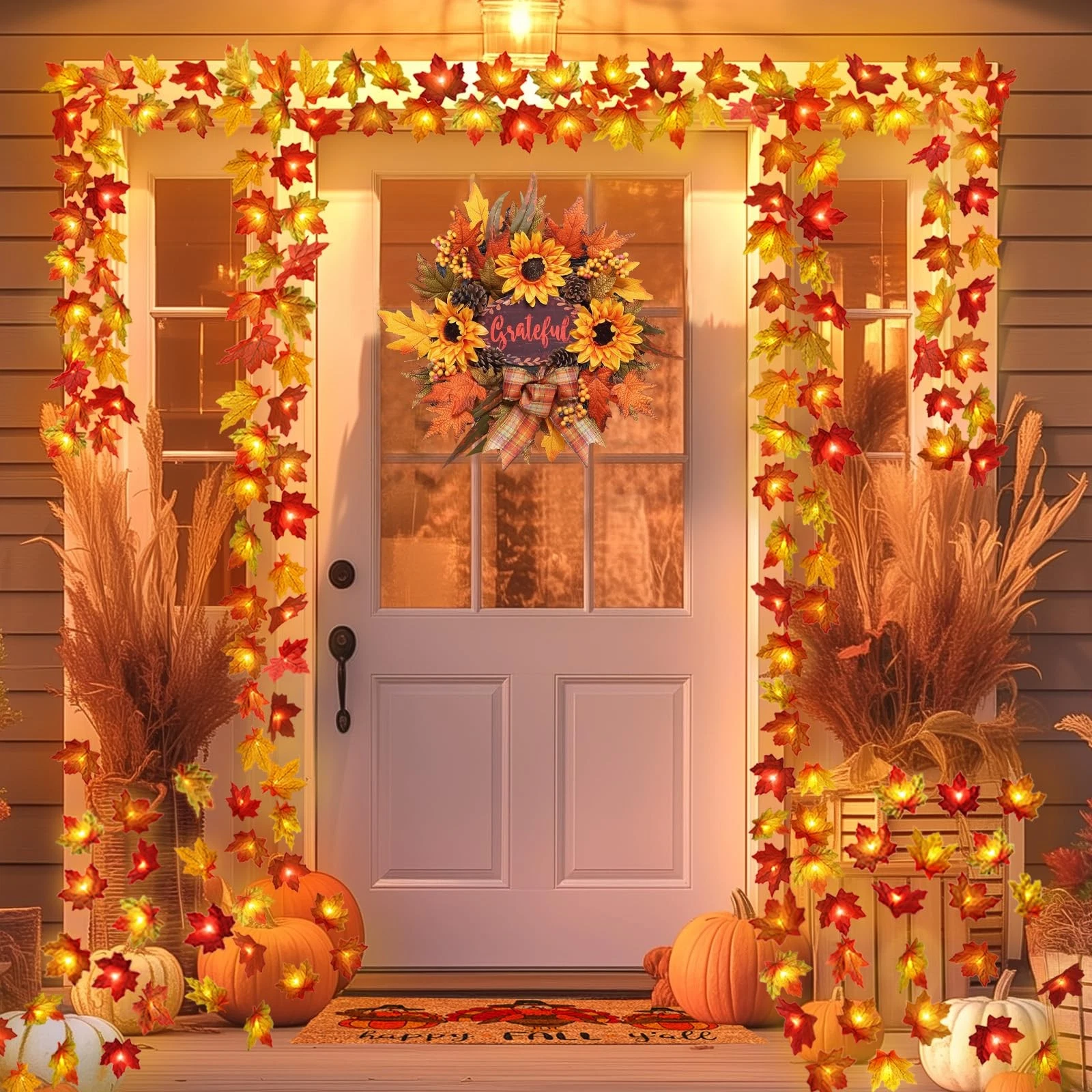 Runleo 4 Pack Fall Decorations Maple Leaf Lights Garland, Total 40Ft 80LED