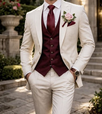 Wedding Groomman Men Suits for Groom Beige Peak Lapel 3Pcs Jacket Tuxedo