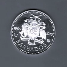 BARBADOS- FANTASTIC HISTORICAL SCARCE PROOF SILVER FIVE DOLLARS, 1976, KM# 25a