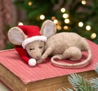 NEW Primitive SLEEPING MOUSE w/ SANTA HAT Ornament Rustic CHRISTMAS 2"Hx5.25"W