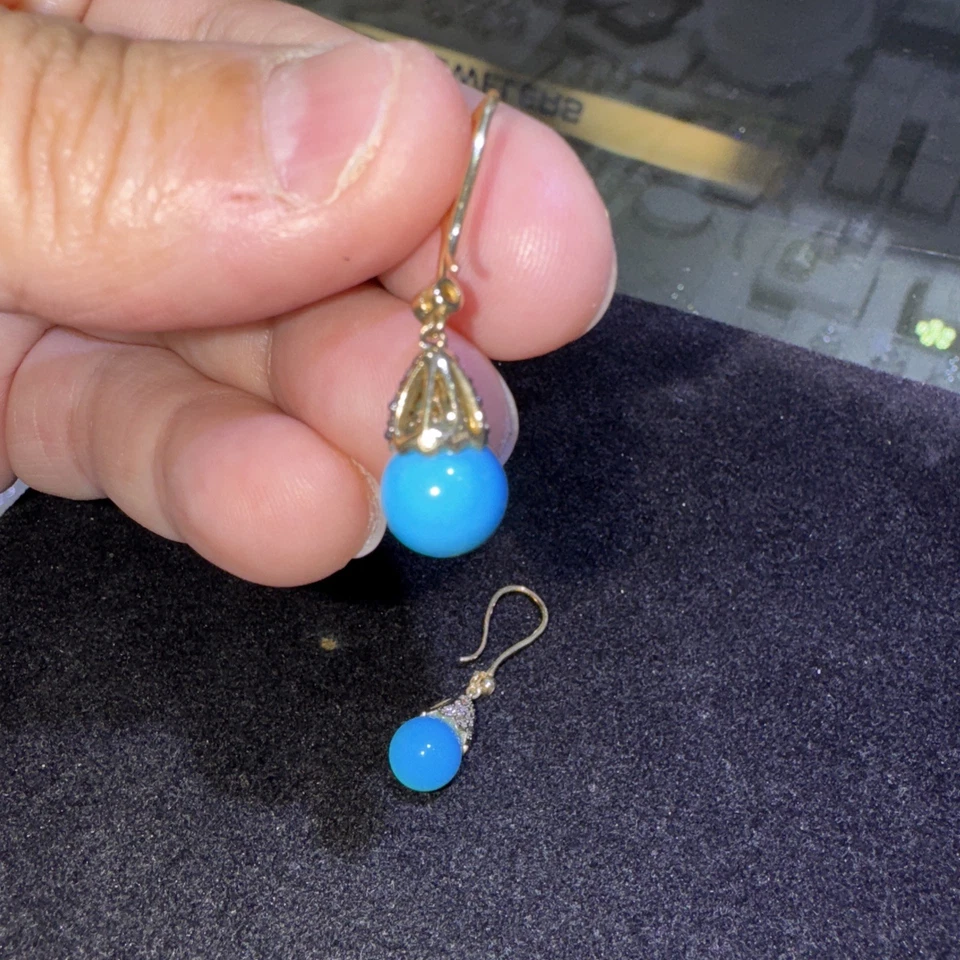 Pendientes colgantes turquesa de la Bella Durmiente de oro amarillo sólido de 14kt con diamantes Foto 4 de 4