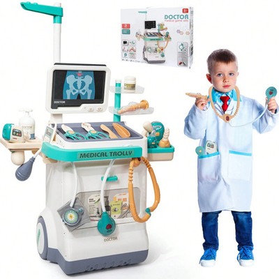 26pcs Doctor Medical Cart Toy Set Kids Role Play Kit with Light-Up Stethoscope N