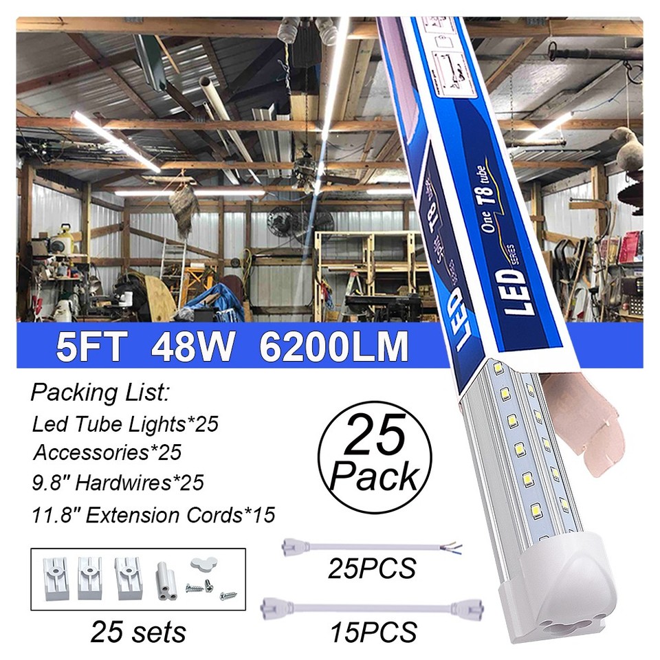 25Pack 5Foot 48W Integrated Led Light Bulbs T8 5FT Led Shop Light ...