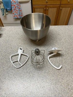 OEM KITCHENAID K45 Stainless Steel Mixing Bowl 3 Attachments Whisk Dough Beater