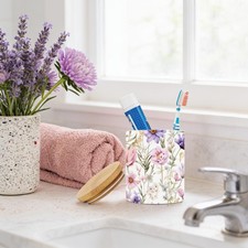 Purple Floral Ceramic Toothbrush Holder Bamboo Lid, Makeup Tools Jar