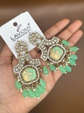 Elegant Kundan Style Indian Earrings with Light Green Beads & Gold ?Indian Jumka