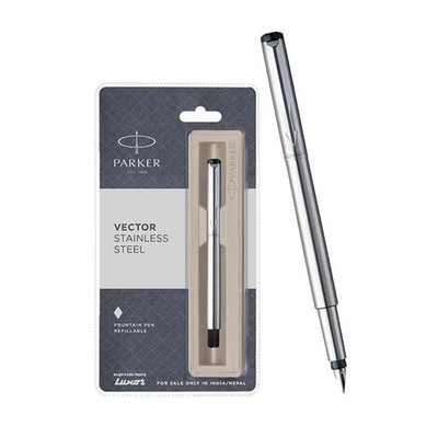 Parker Vector Stainless Steel CT Fountain Pen BLUE INK FREE SHIPPING