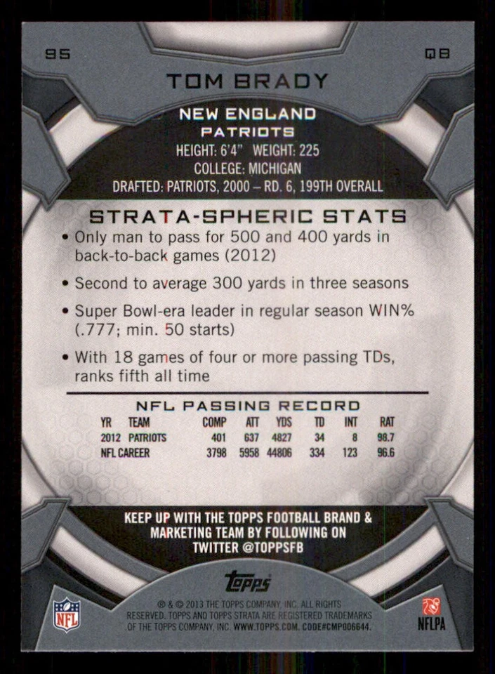 2013 Topps Strata #95 Tom Brady - Image 2 of 2